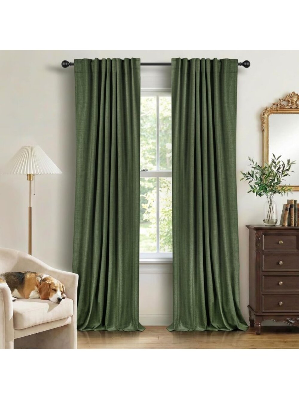84-Inch Moss Green Faux Linen Total Blackout Curtains for Bedroom Decor